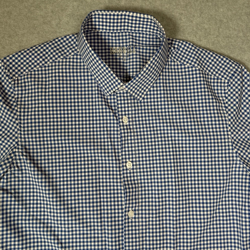 Barbell Shirt Mens Medium Blue White Gingham Short Sleeve Button Front Stretch - Picture 2 of 9